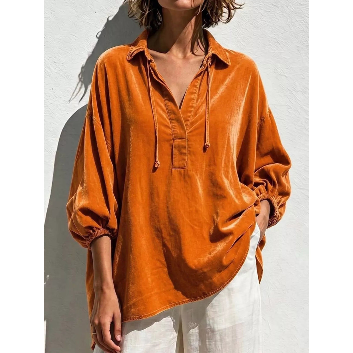 Full Size Oversized Velvet Collared Neck Drawstring Blouse Plus Size