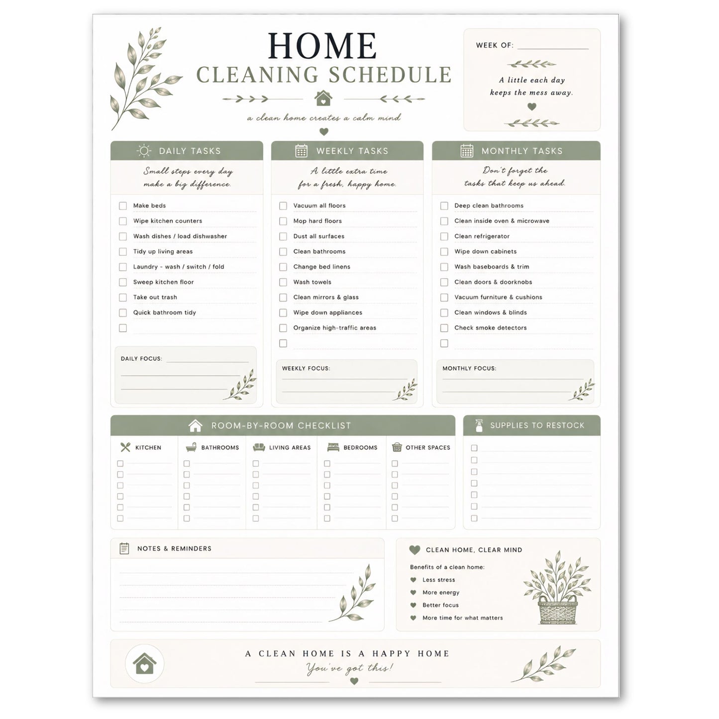 Home cleaning schedule with daily, weekly, and monthly tasks on a white background