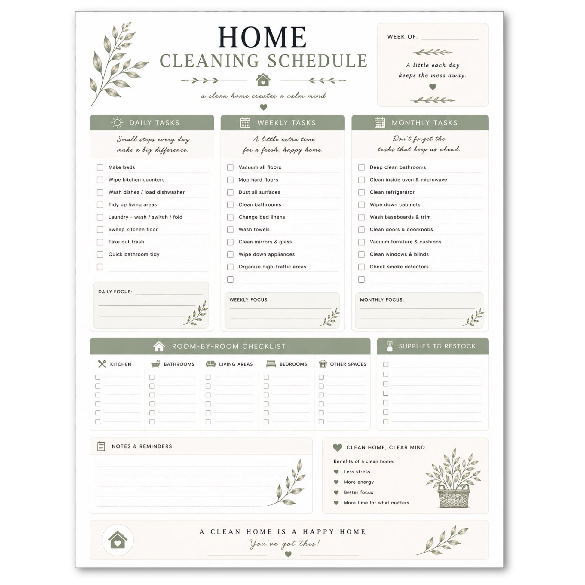 Home cleaning schedule with daily, weekly, and monthly tasks on a white background