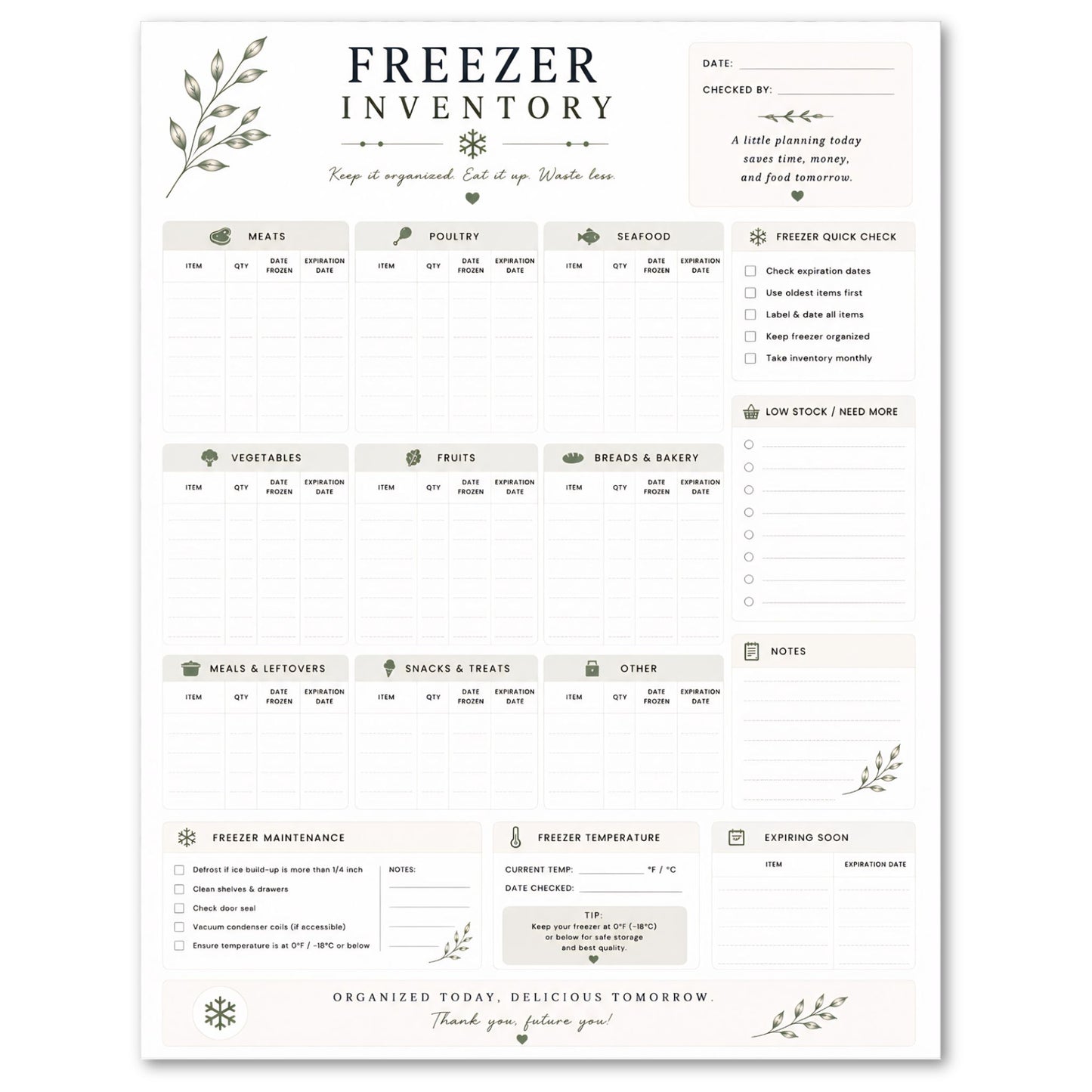 Freezer inventory sheet with various sections for organizing food items and checking temperatures.