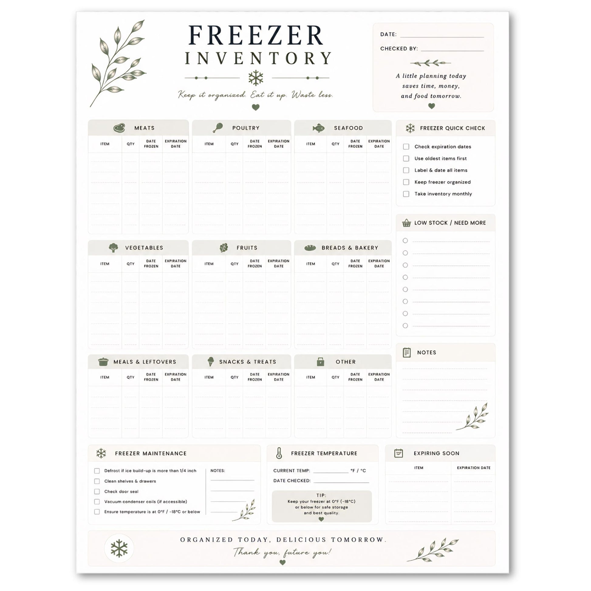 Freezer inventory sheet with various sections for organizing food items and checking temperatures.