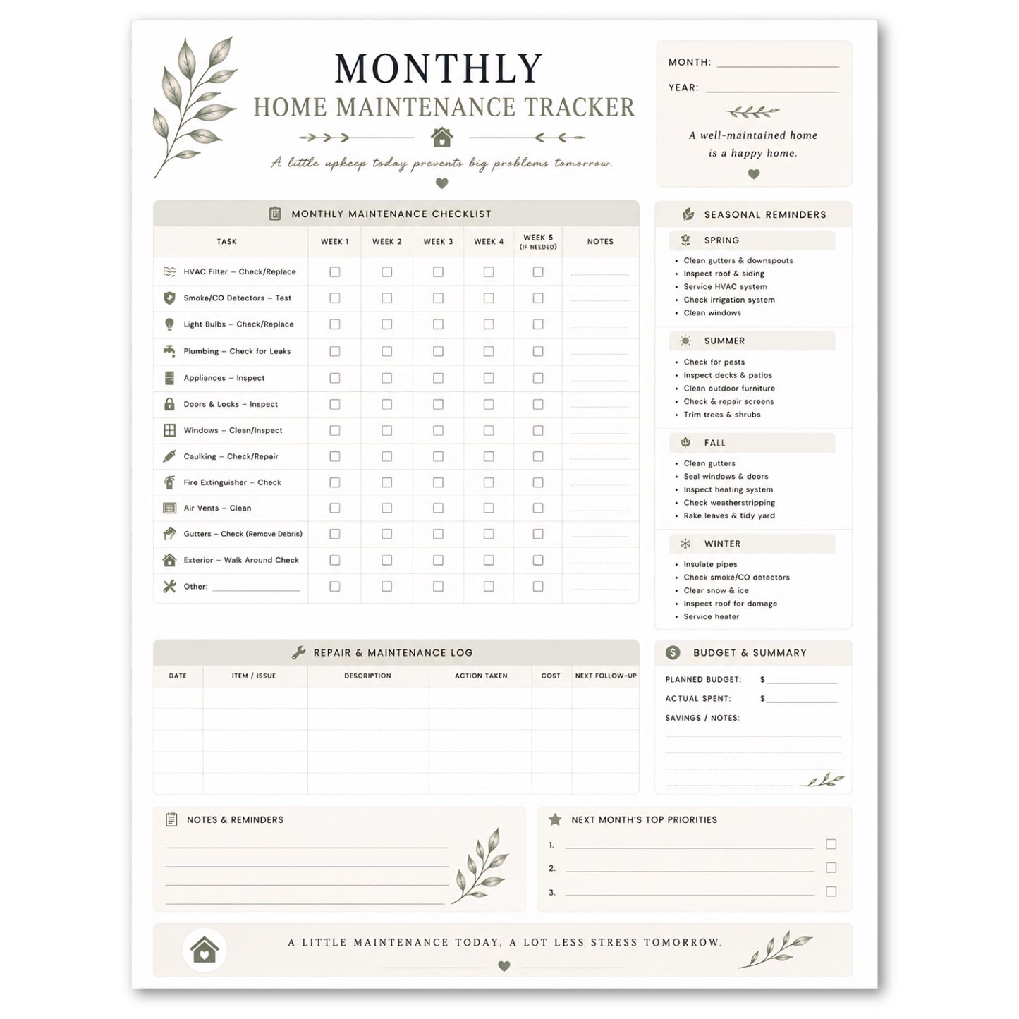 Monthly home maintenance tracker with checklists and sections for reminders and summaries.