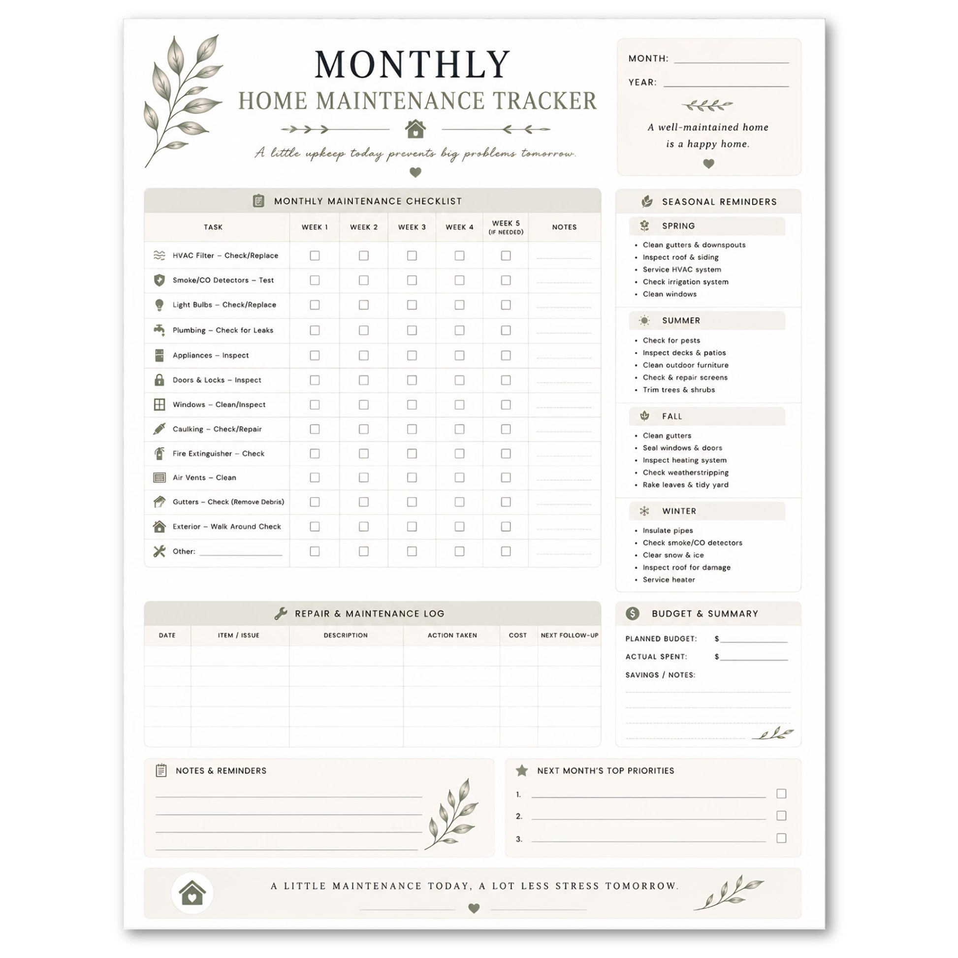 Monthly home maintenance tracker with checklists and sections for reminders and summaries.