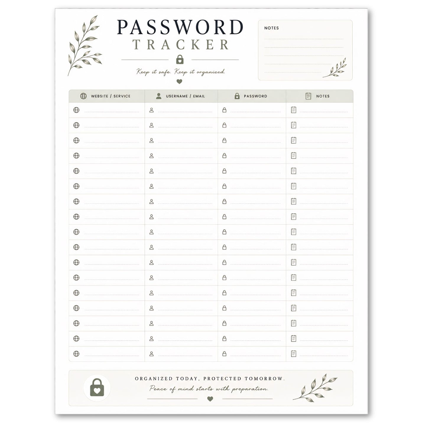 Password tracker sheet with decorative elements on a white background