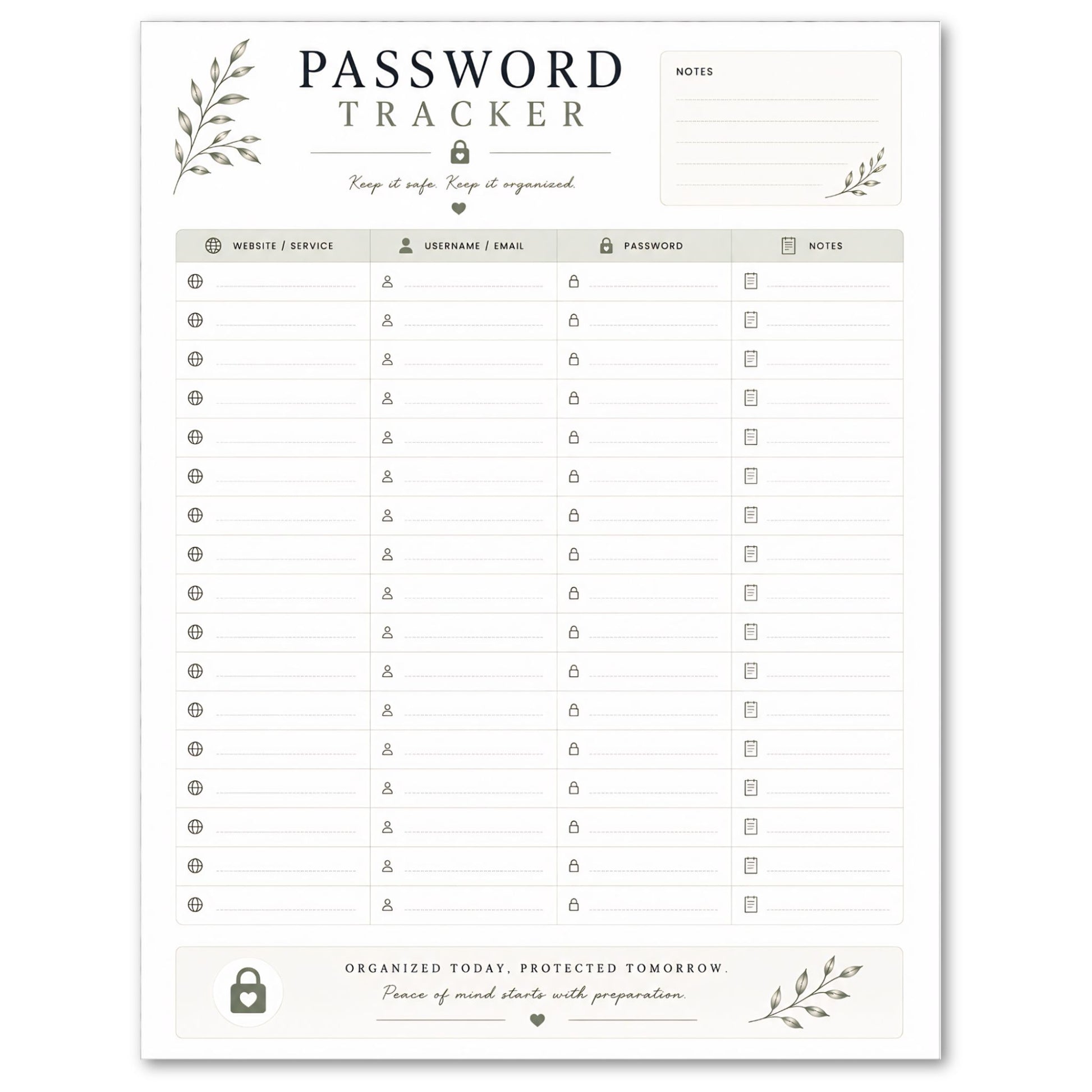 Password tracker sheet with decorative elements on a white background
