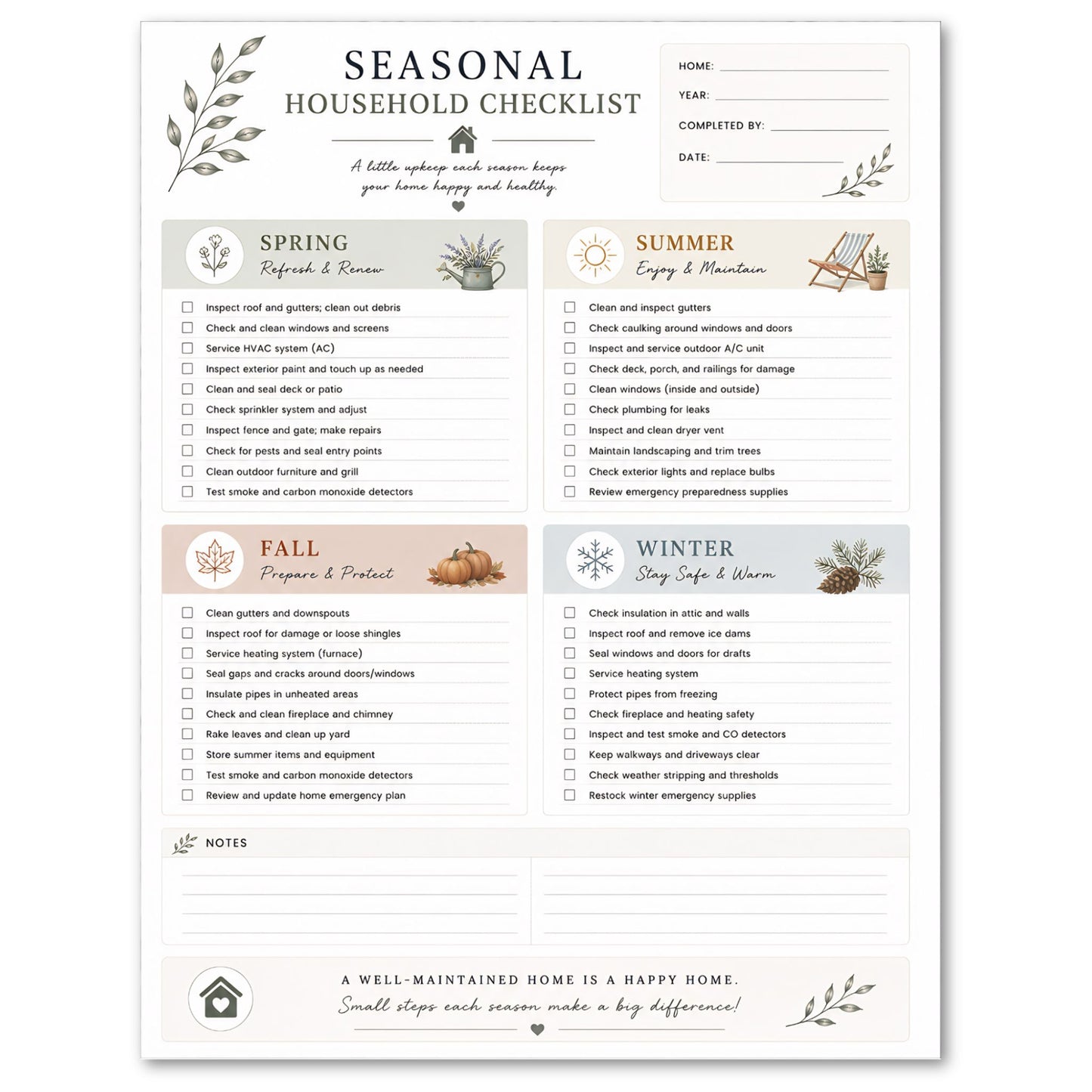 Seasonal household checklist with tasks for spring, summer, fall, and winter on a white background.