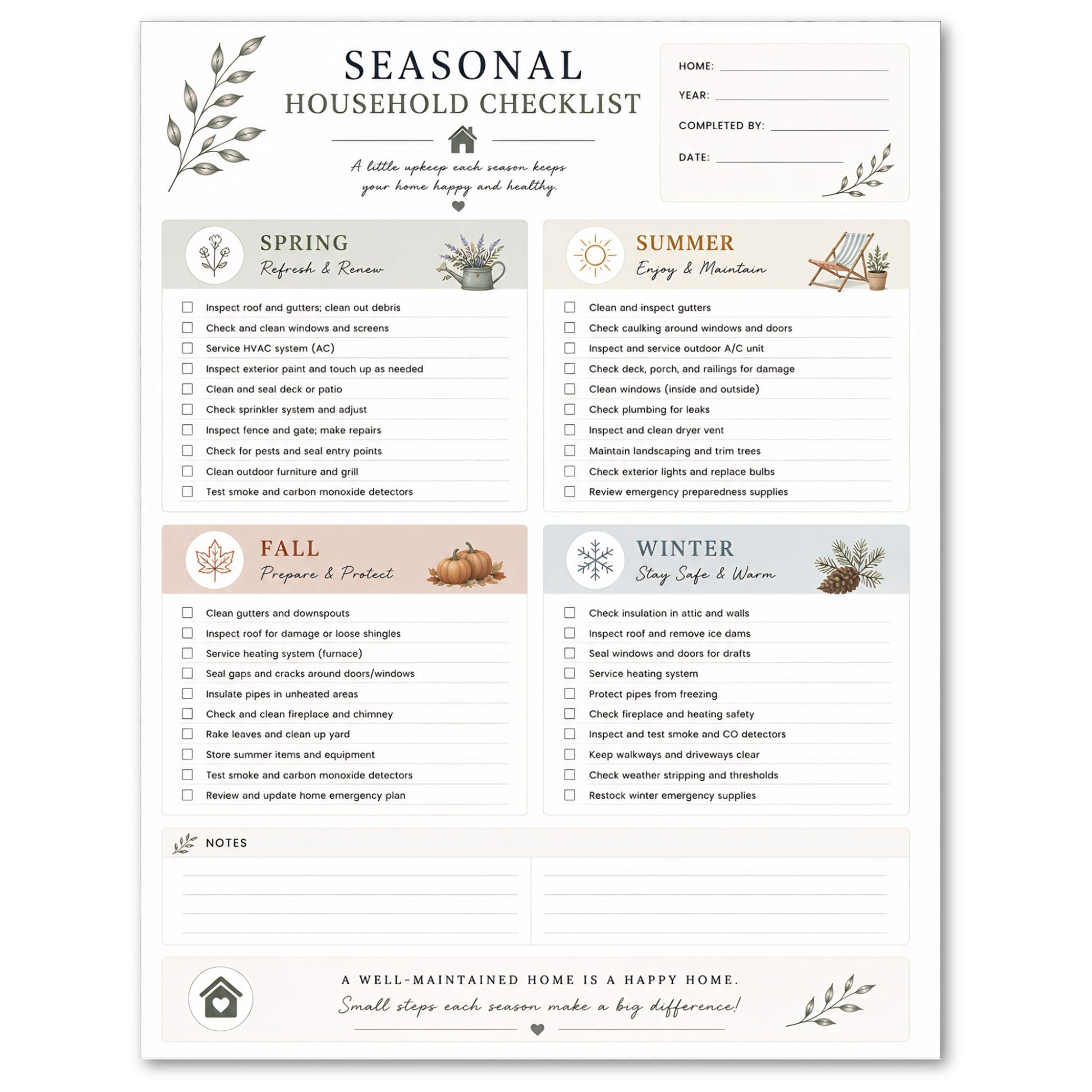 Seasonal household checklist with tasks for spring, summer, fall, and winter on a white background.