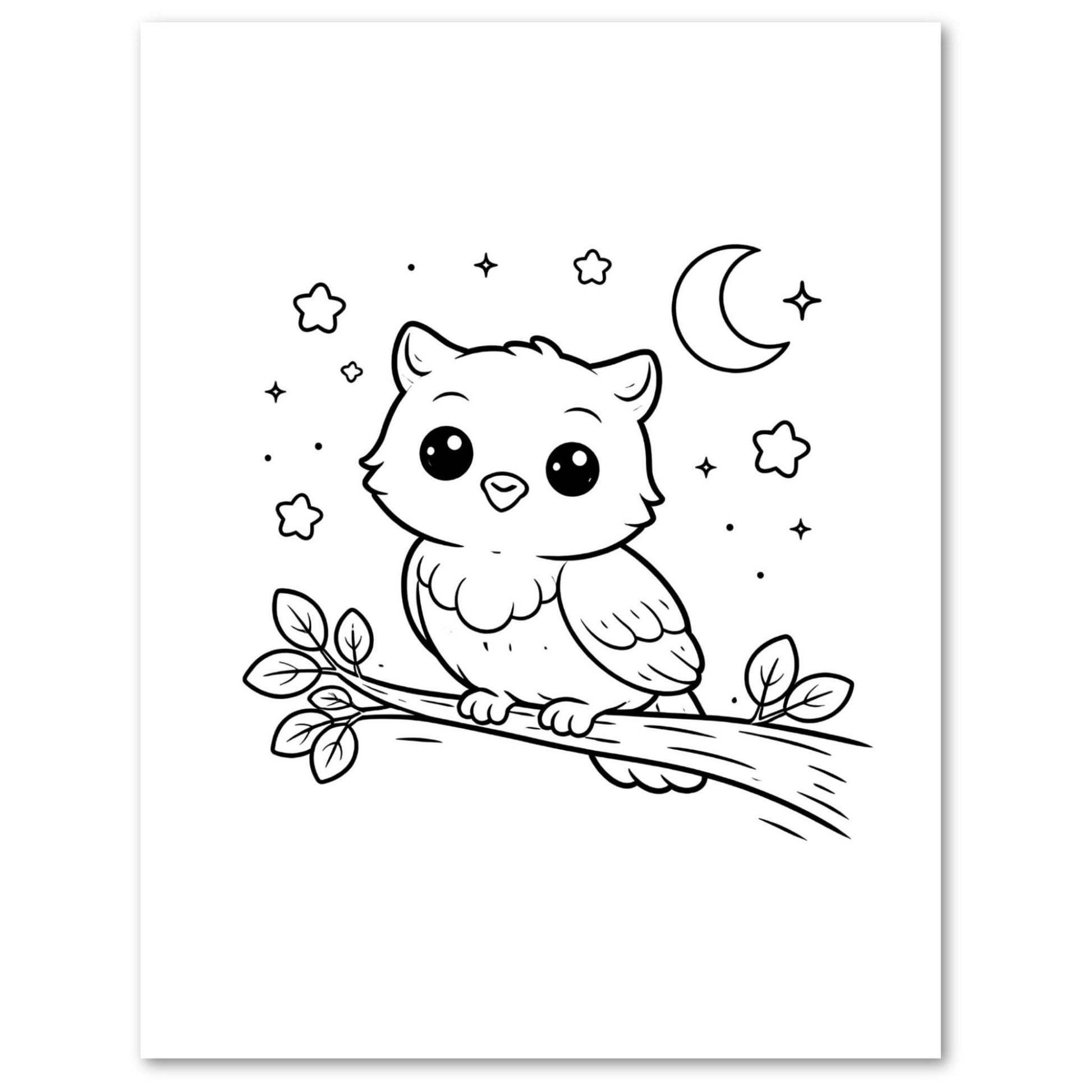 Black and white illustration of an owl on a branch with stars and a moon.