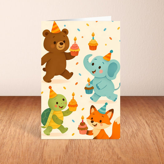 Birthday card with cartoon animals holding cupcakes on a wooden surface.