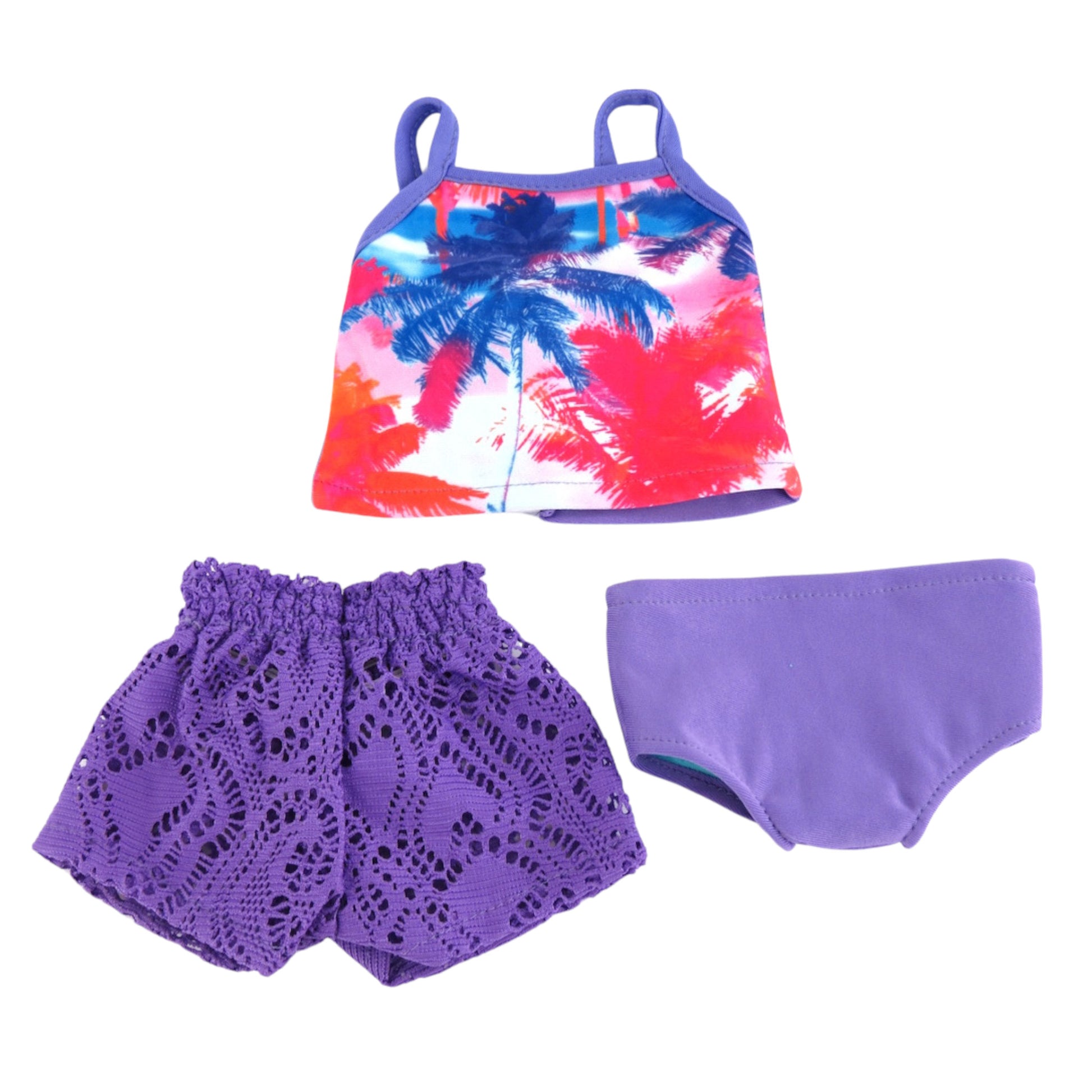 Paradise Palm Tree Bathing Suit with coverup shorts for 18-inch dolls