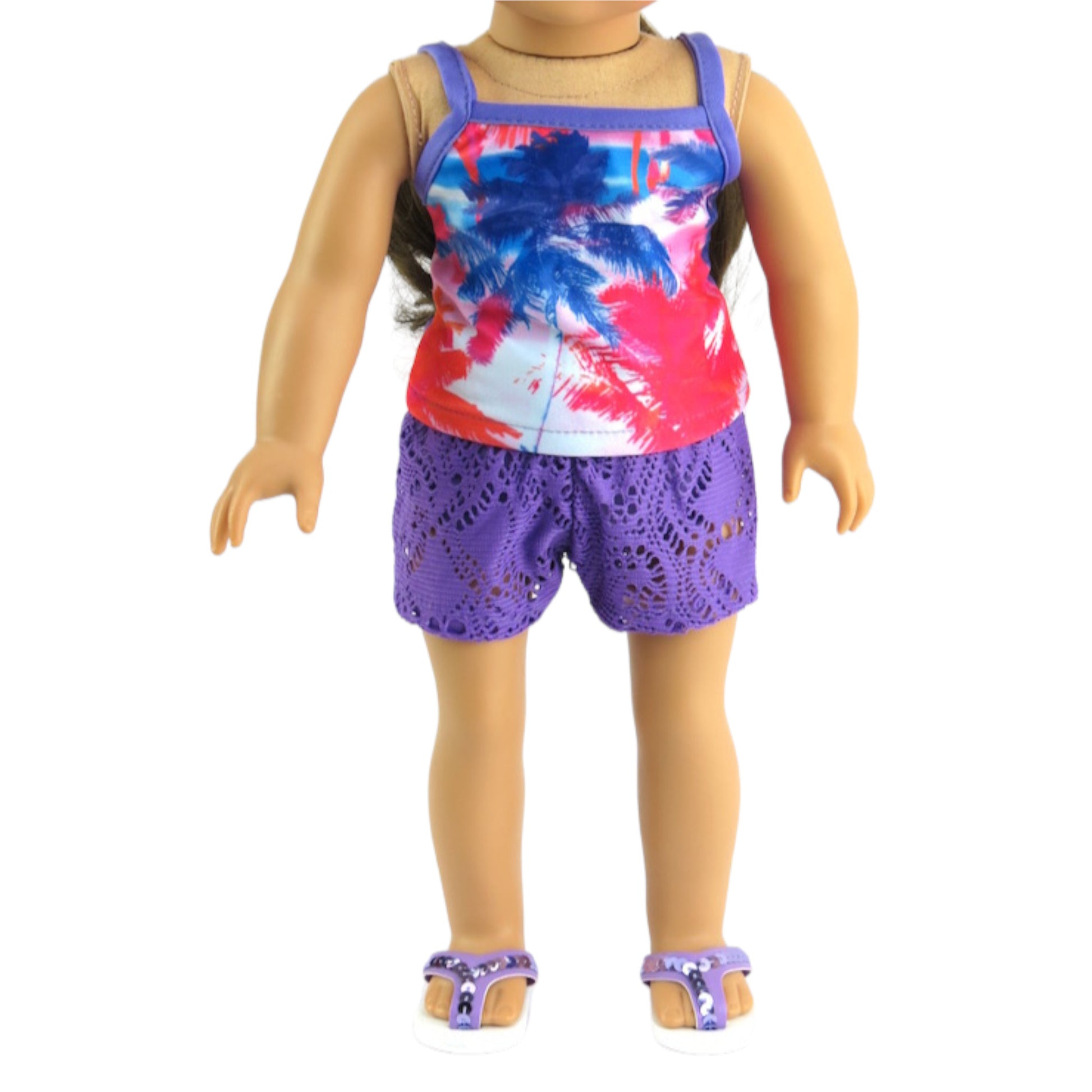Paradise Palm Tree Bathing Suit with doll with cover up shorts for 18-inch dolls