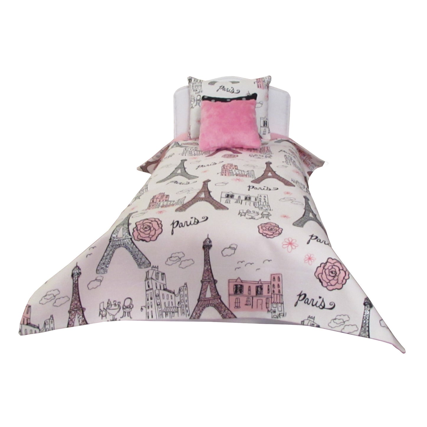 Paris Print Doll Bedding for 14 1/2 inch dolls Front view