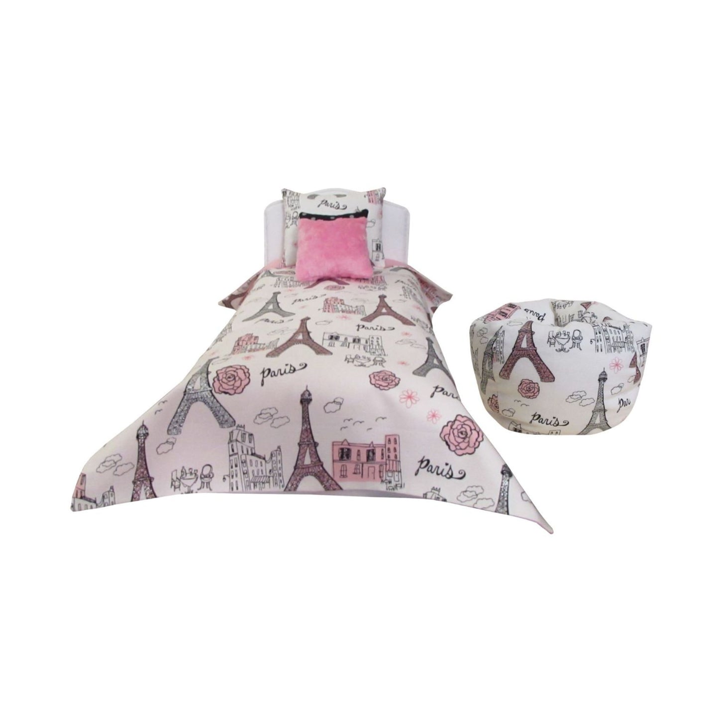 White doll bed, Paris doll bedding, and doll bean bag for 14.5-inch dolls