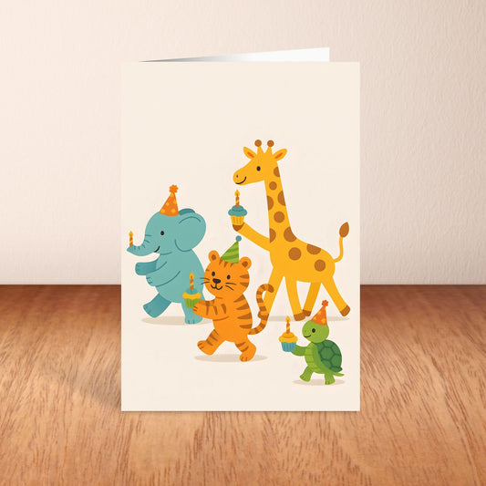 Greeting card with cartoon animals wearing party hats on a wooden surface.