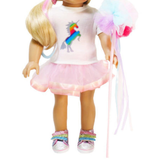 Pastel Rainbow Unicorn Outfit for 18-inch dolls with doll