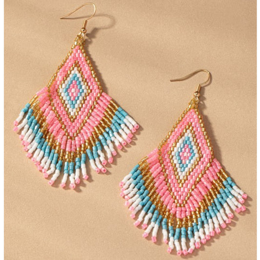 Pink Boho Seed Bead Drop Earrings