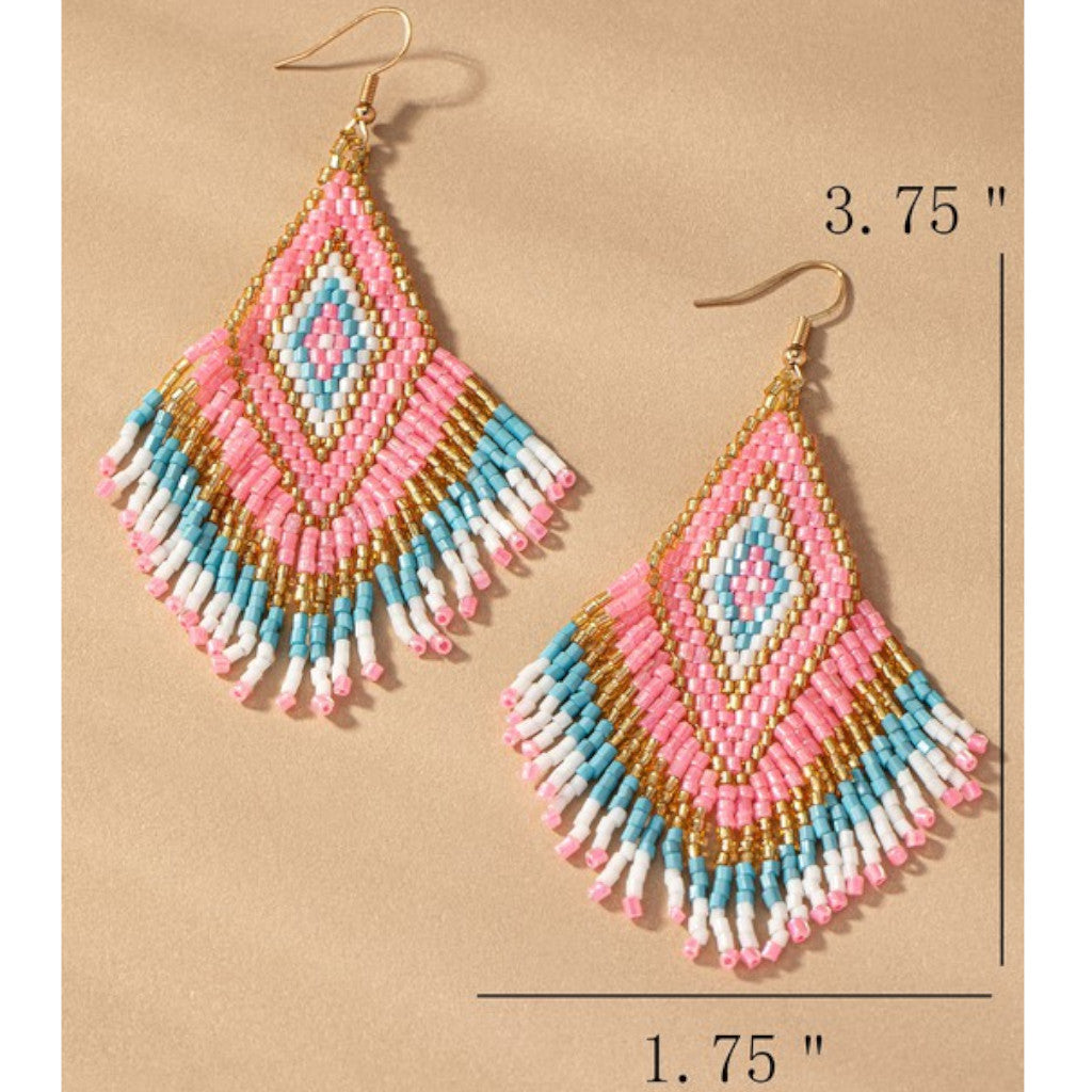 Pink Boho Seed Bead Drop Earrings measurements