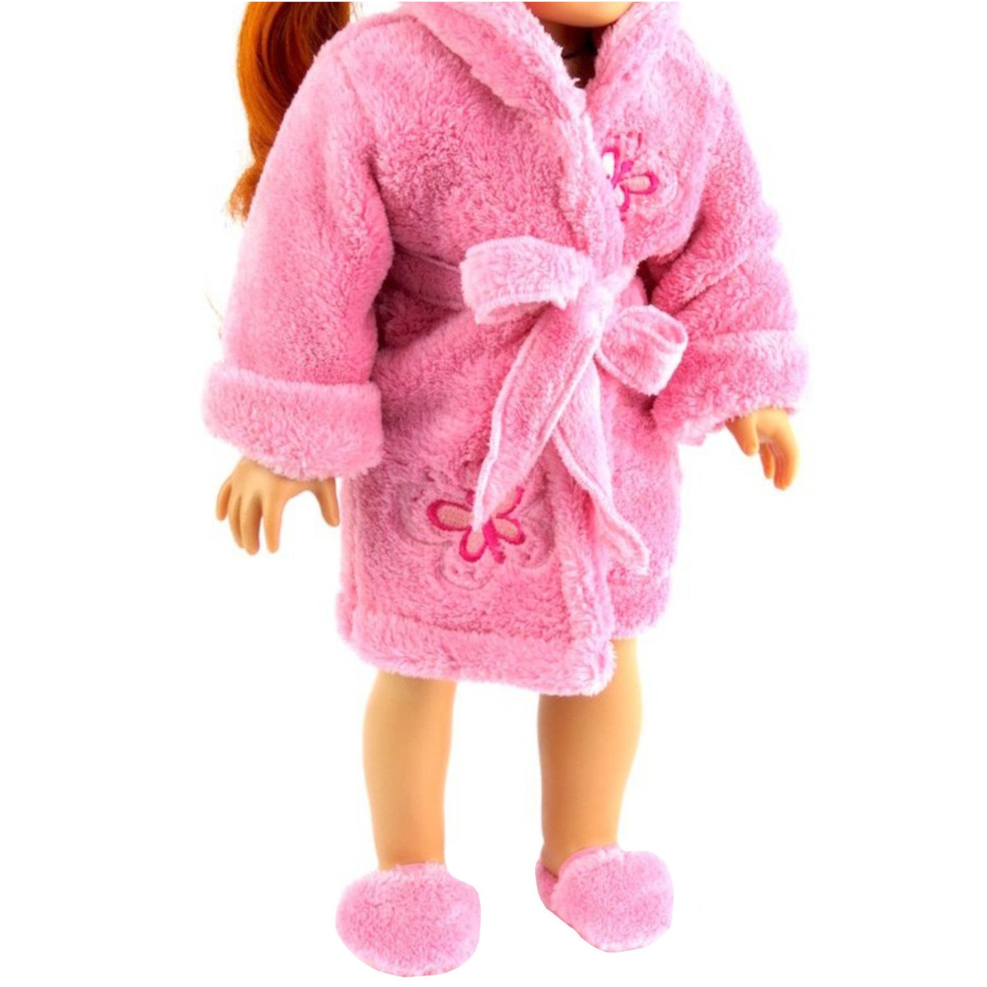 Pink Butterfly Bathrobe for 18-inch dolls with doll Side view