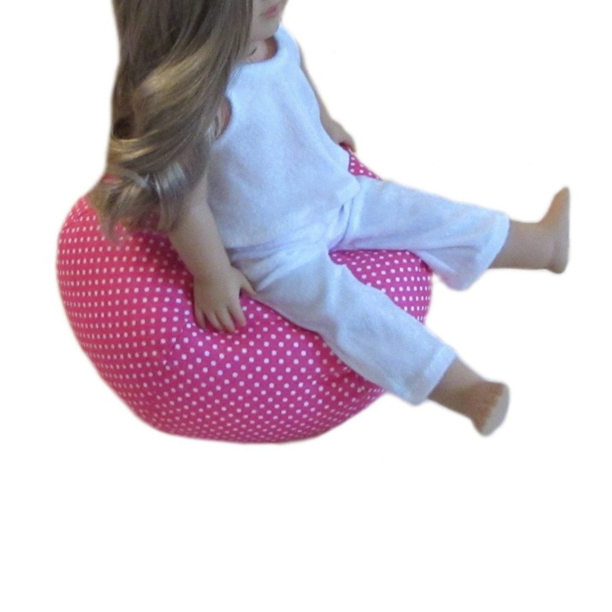 Pink Dots Doll Bean Bag Chair for 18-inch dolls with doll Side view