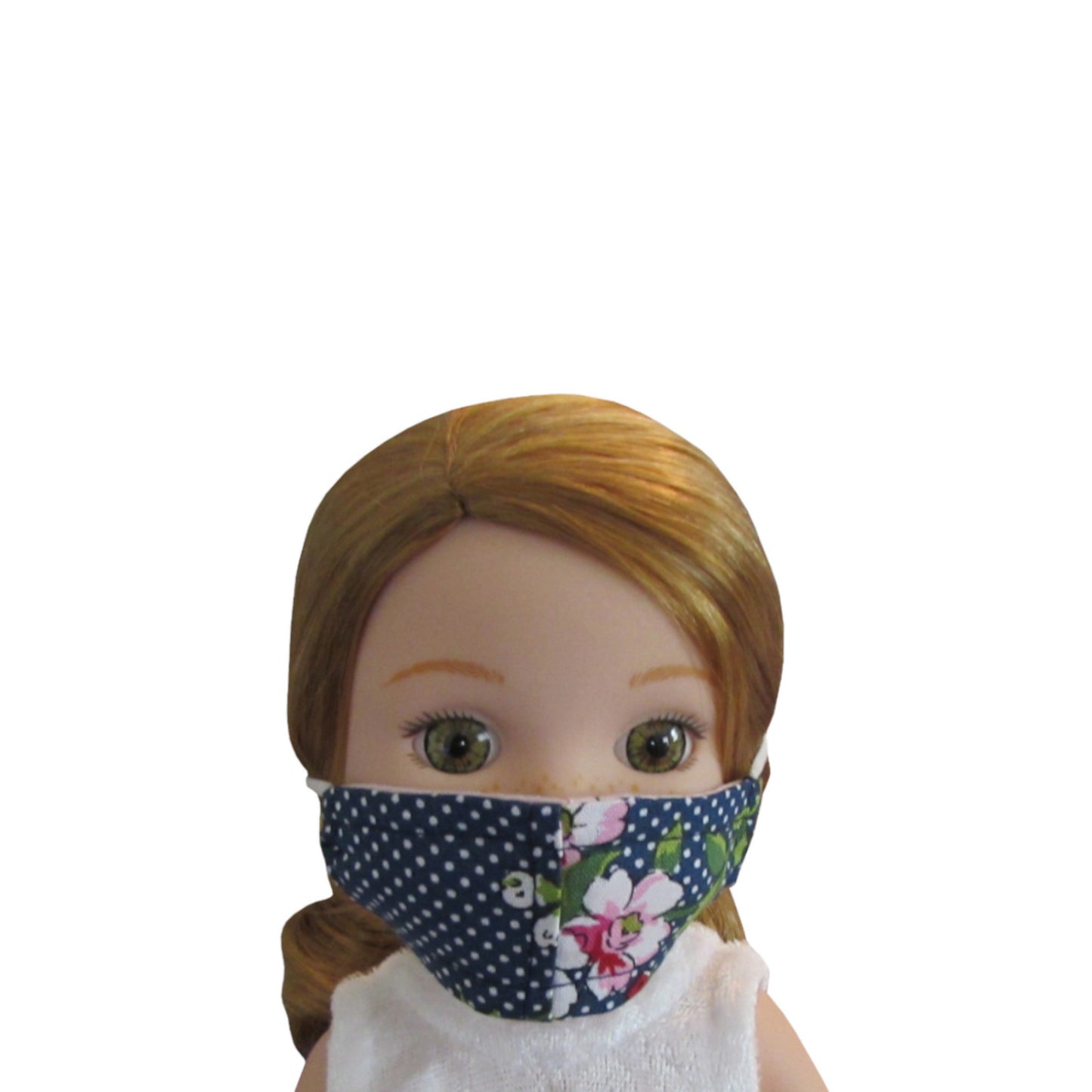 Pink Floral and Dots on Navy Print Doll Face Mask for 14 1/2-inch dolls with Wellie Wishers doll Front