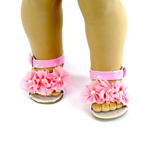 Pink Flower Frill Sandals for 18 inch dolls with doll