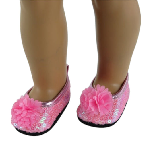 Pink Flowers and Sequins Flats for 18-inch dolls with doll