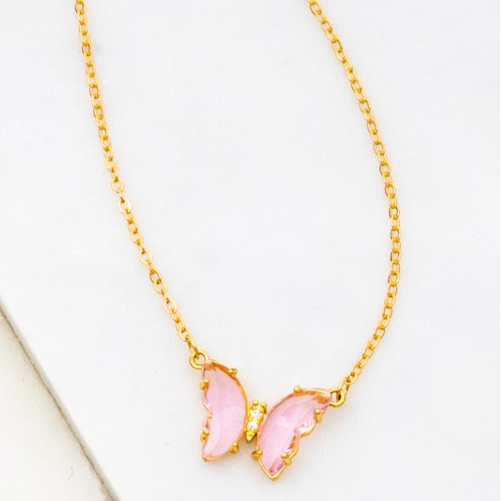 Pink Gem Stone Butterfly Pendant Necklace