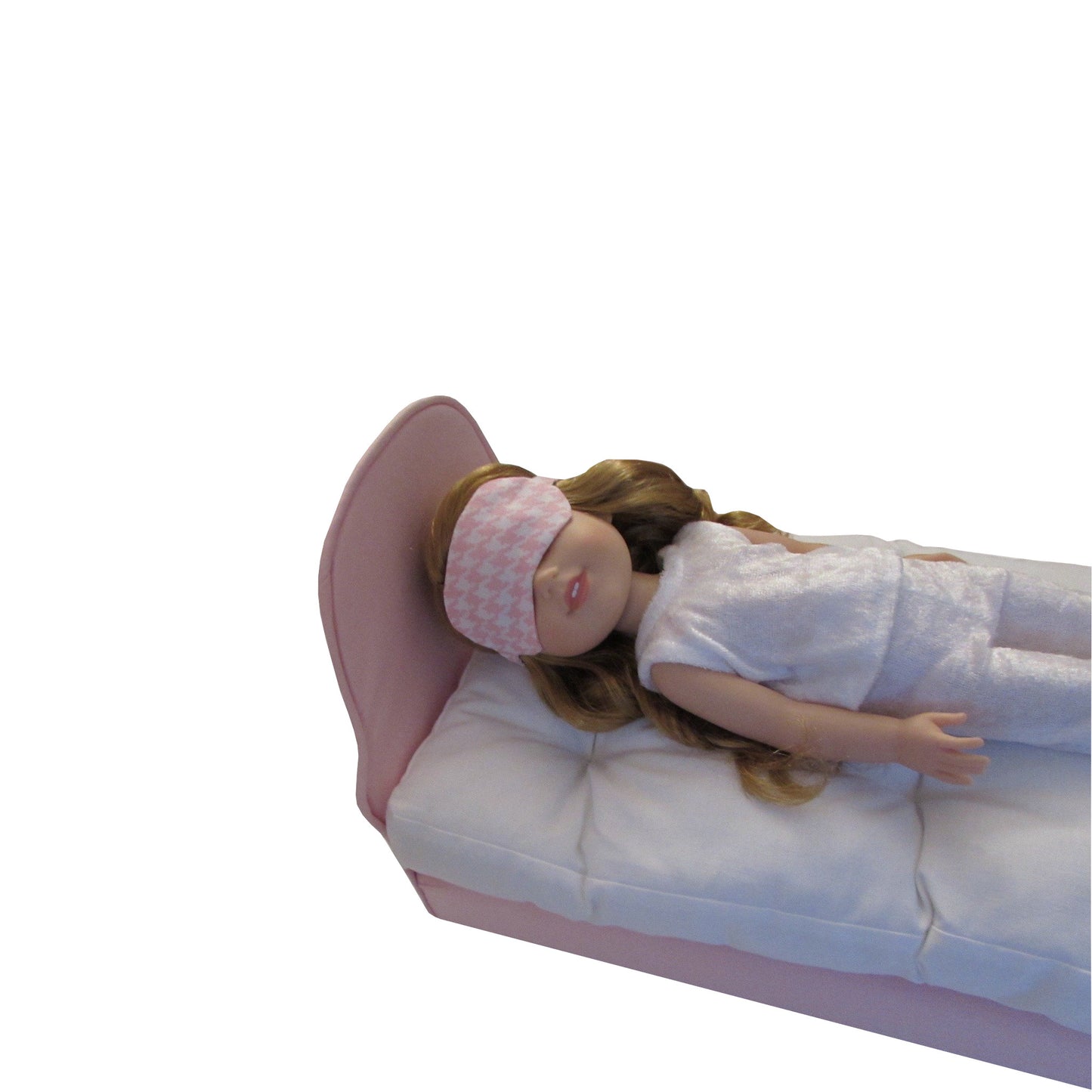 Pink Gingham Doll Sleep Mask, Pink Doll Bed, Doll, and White Pajamas for 14 1/2-inch dolls Second view