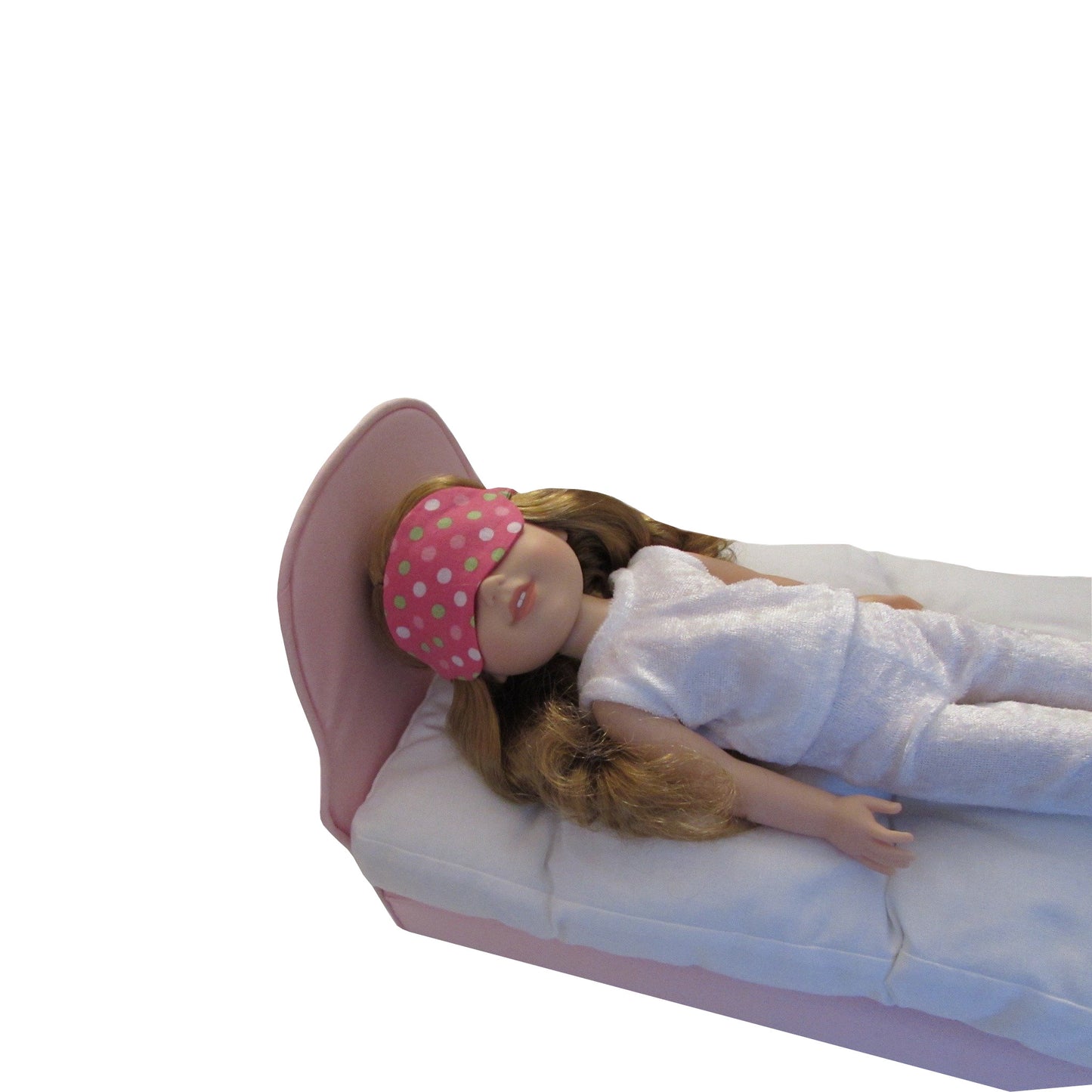 Pink Green White Dots Doll Sleep Mask, Pink Doll Bed, Doll, and White Pajamas for 14 1/2-inch dolls Second view