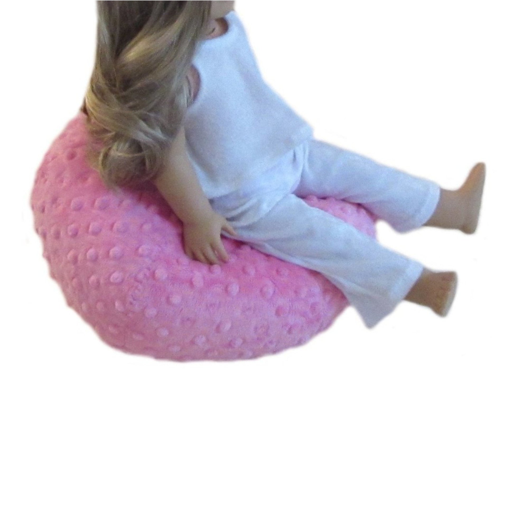 Pink Minky Doll Bean Bag Chair for 18-inch dolls with doll Side view