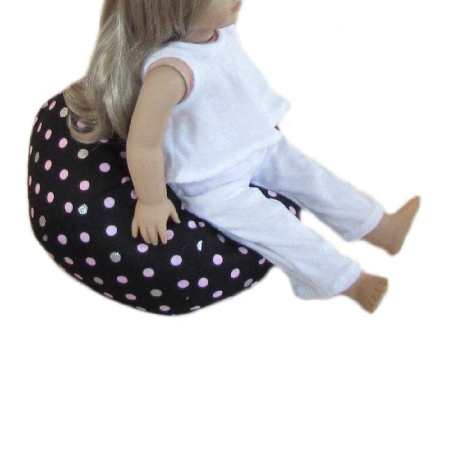 Pink Silver Dots Doll Bean Bag Chair for 18-inch dolls with doll Side view