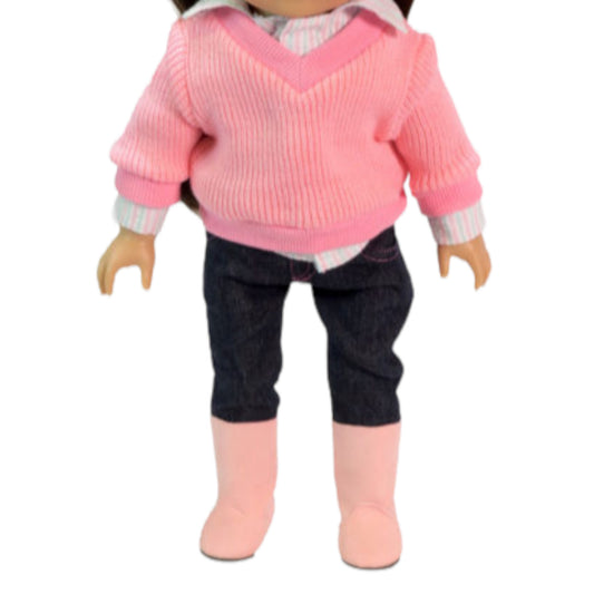 Pink Sweater Set with Boots for 18-inch dolls with doll