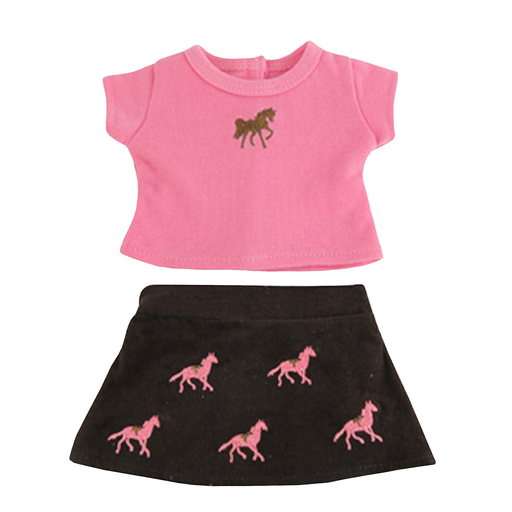 Pink T-Shirt with Embroidered Horse and Brown Corduroy Skirt for 18-inch dolls Flat