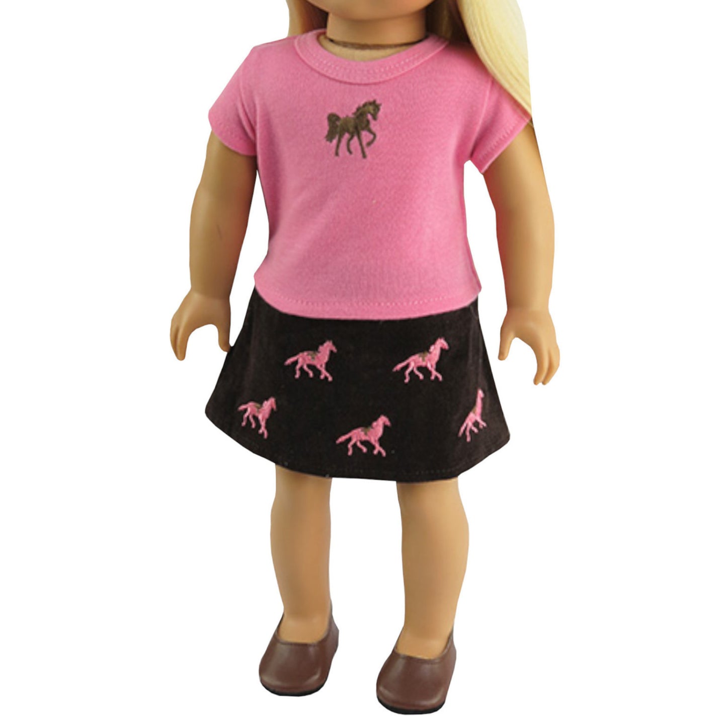 Pink T-Shirt with Embroidered Horse and Brown Corduroy Skirt for 18-inch dolls with doll Front
