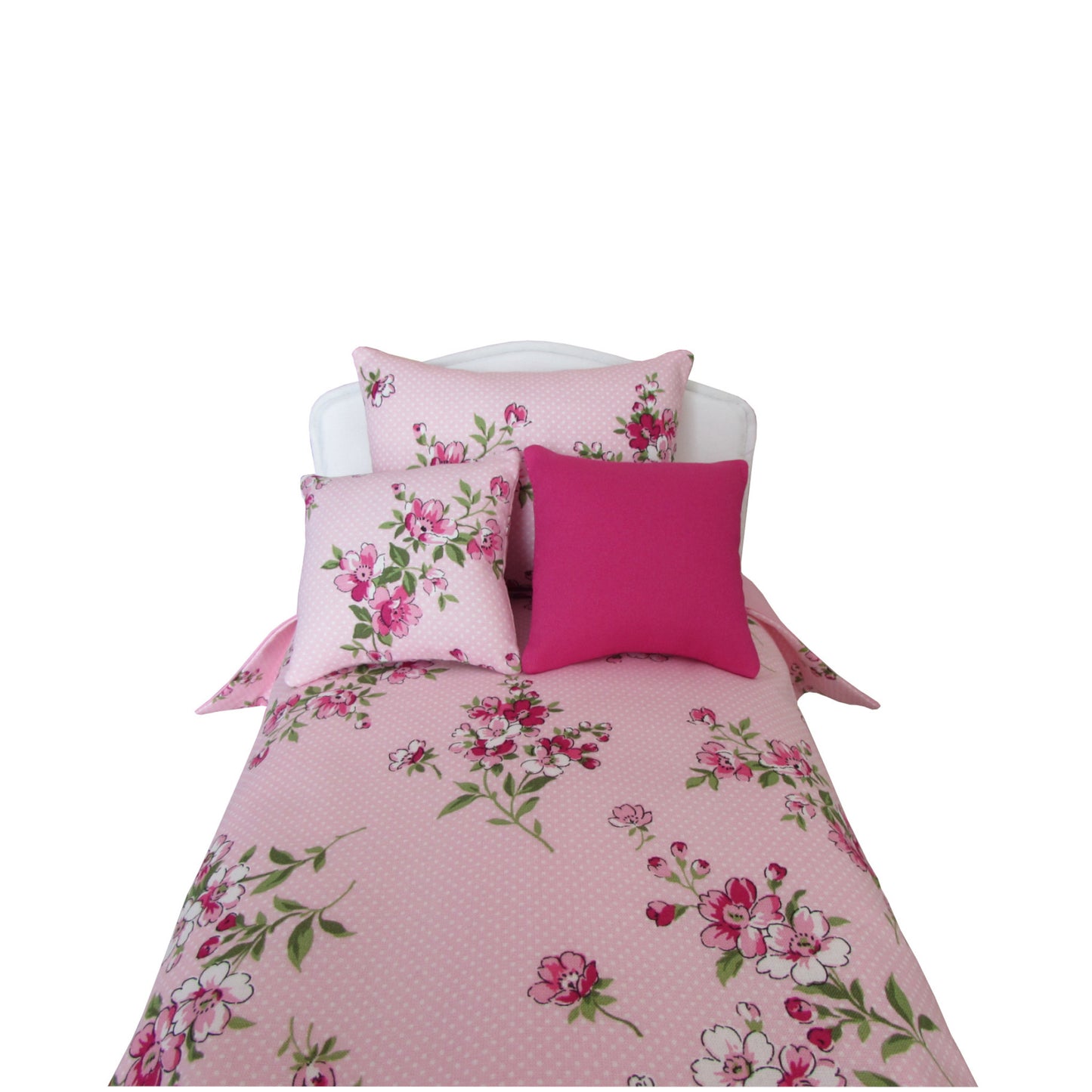 Pink Dots Floral Print Doll Pillows Bedding for 14 1/2 inch dolls Front view Up Close