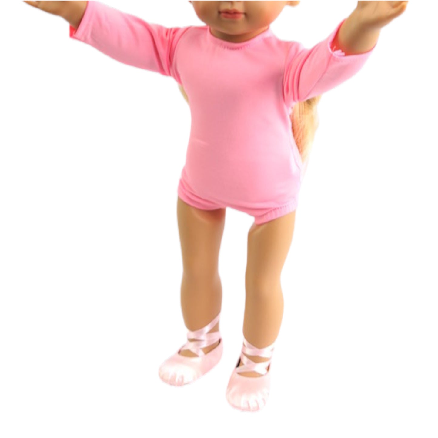 Pink Long Sleeved Leotard for 18-inch dolls with doll with arms raised