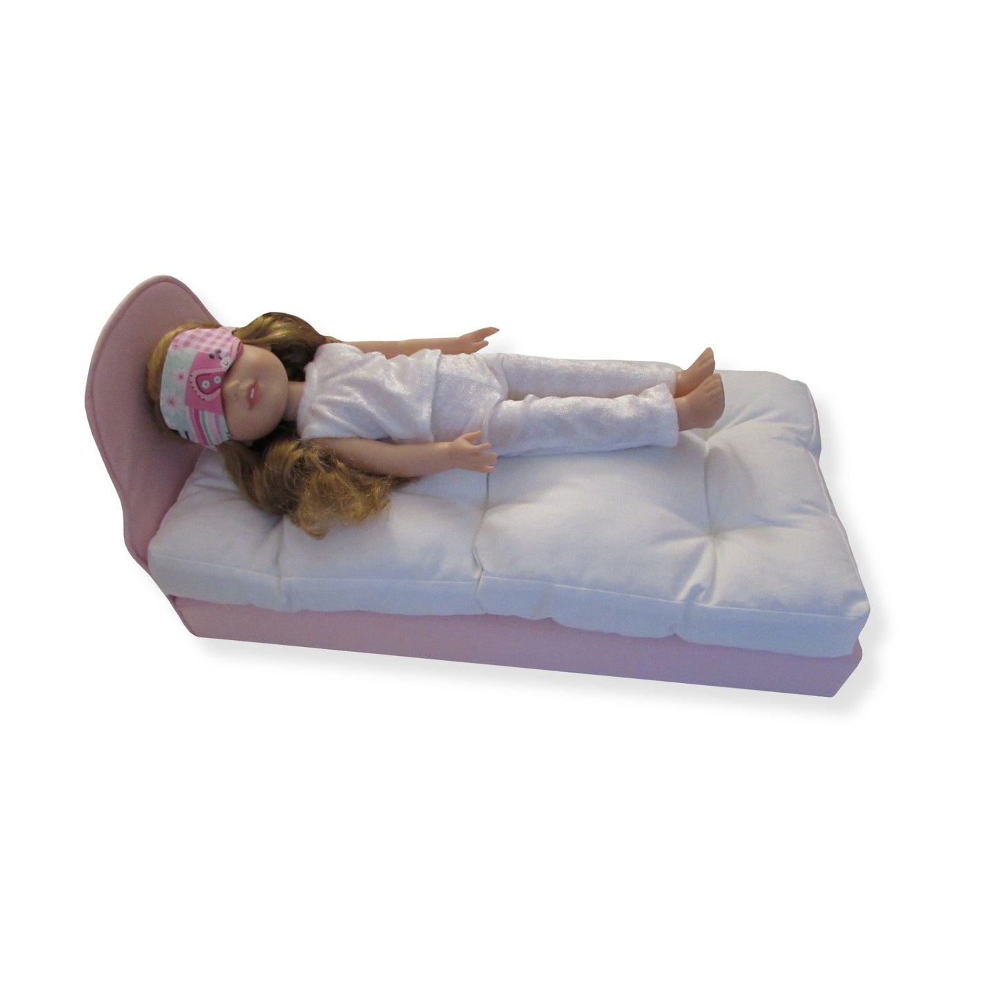 Pink Patchwork Doll Sleep Mask, doll, doll pajamas, and doll bed for 14 1/2-inch dolls