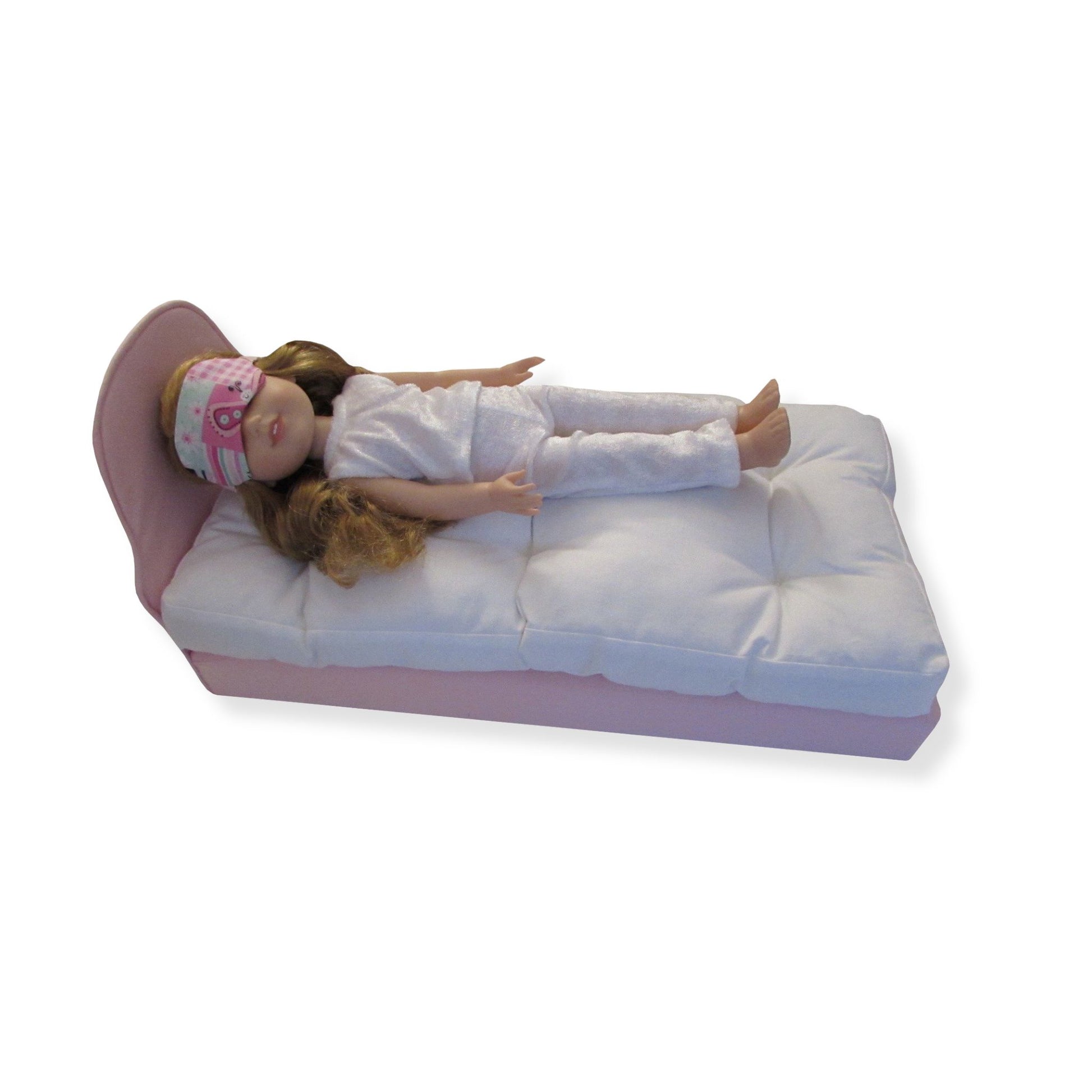Pink Patchwork Doll Sleep Mask, doll, doll pajamas, and doll bed for 14 1/2-inch dolls