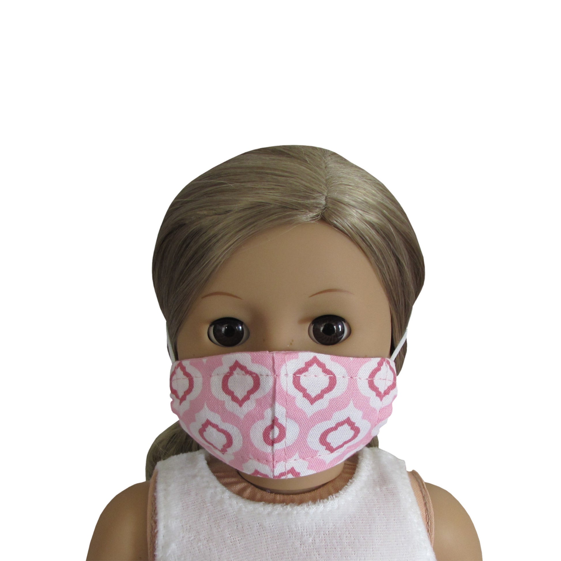 Pink Print Doll Face Mask for 18 inch dolls with doll Front view