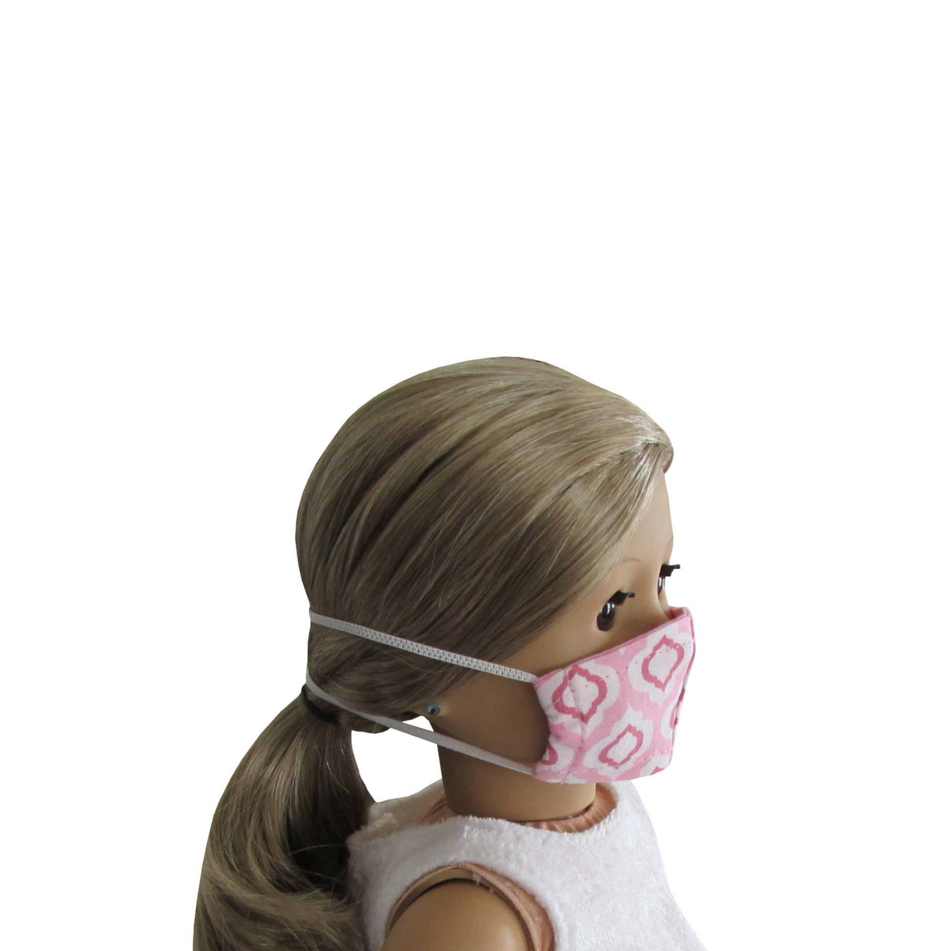 Pink Print Doll Face Mask for 18 inch dolls with doll Side view