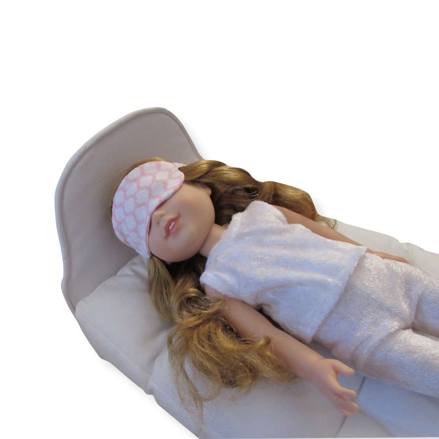 Pink Print Doll Sleep Mask, doll, doll pajamas, and doll bed for 14 1/2-inch dolls Up Close