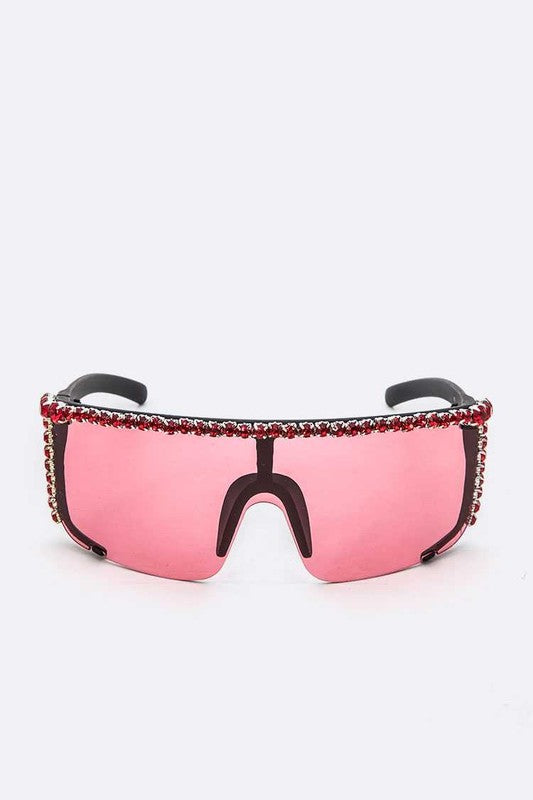 Pink Rhinestone Shield Inspired Statement Sunglasses Front view