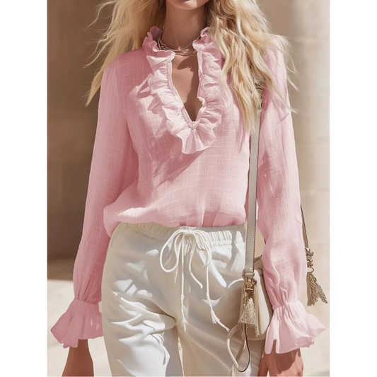 Ruffled V-Neck Long Sleeve Blouse