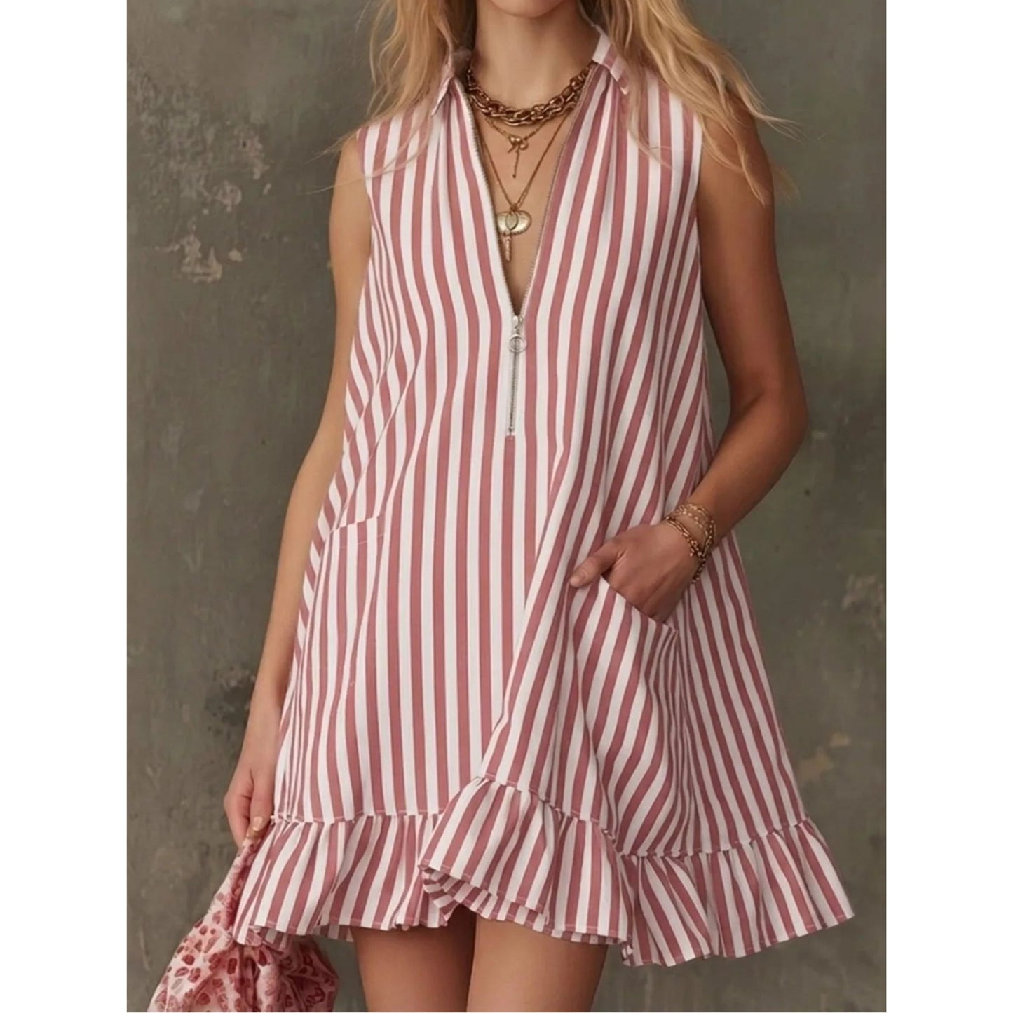 Striped Zipper Neck Ruffle Hem Dress