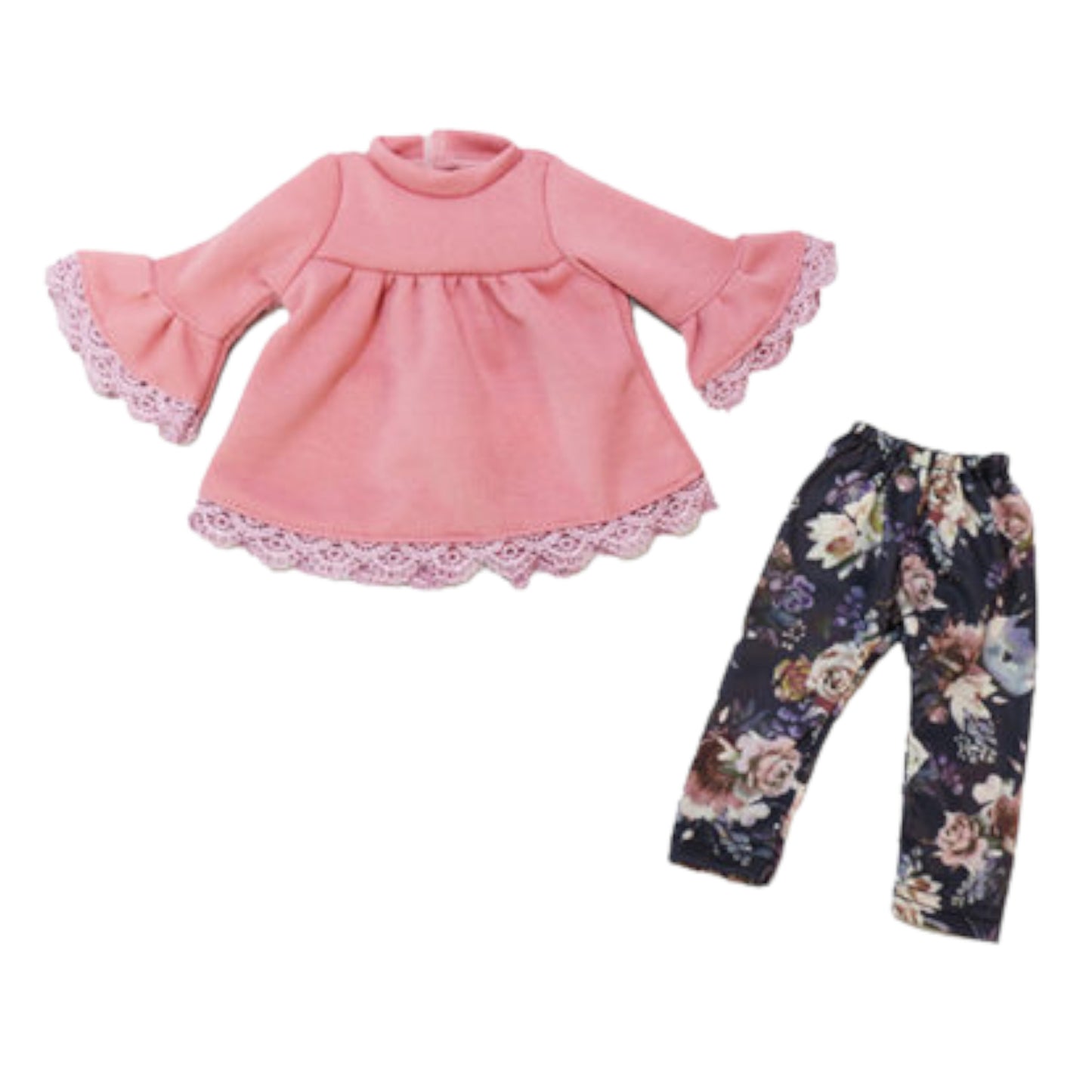 Pink top with lace trim and floral pants on a white background