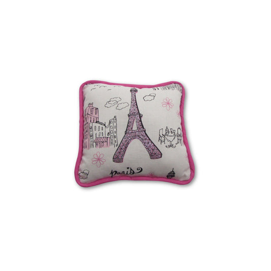 Decorative pillow with Eiffel Tower design on a white background