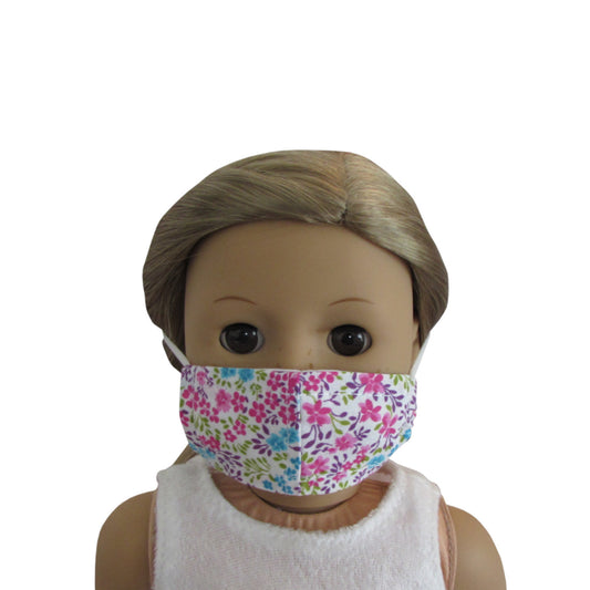 Pink Turquoise Floral Print Doll Face Mask for 18 inch dolls with doll Front view
