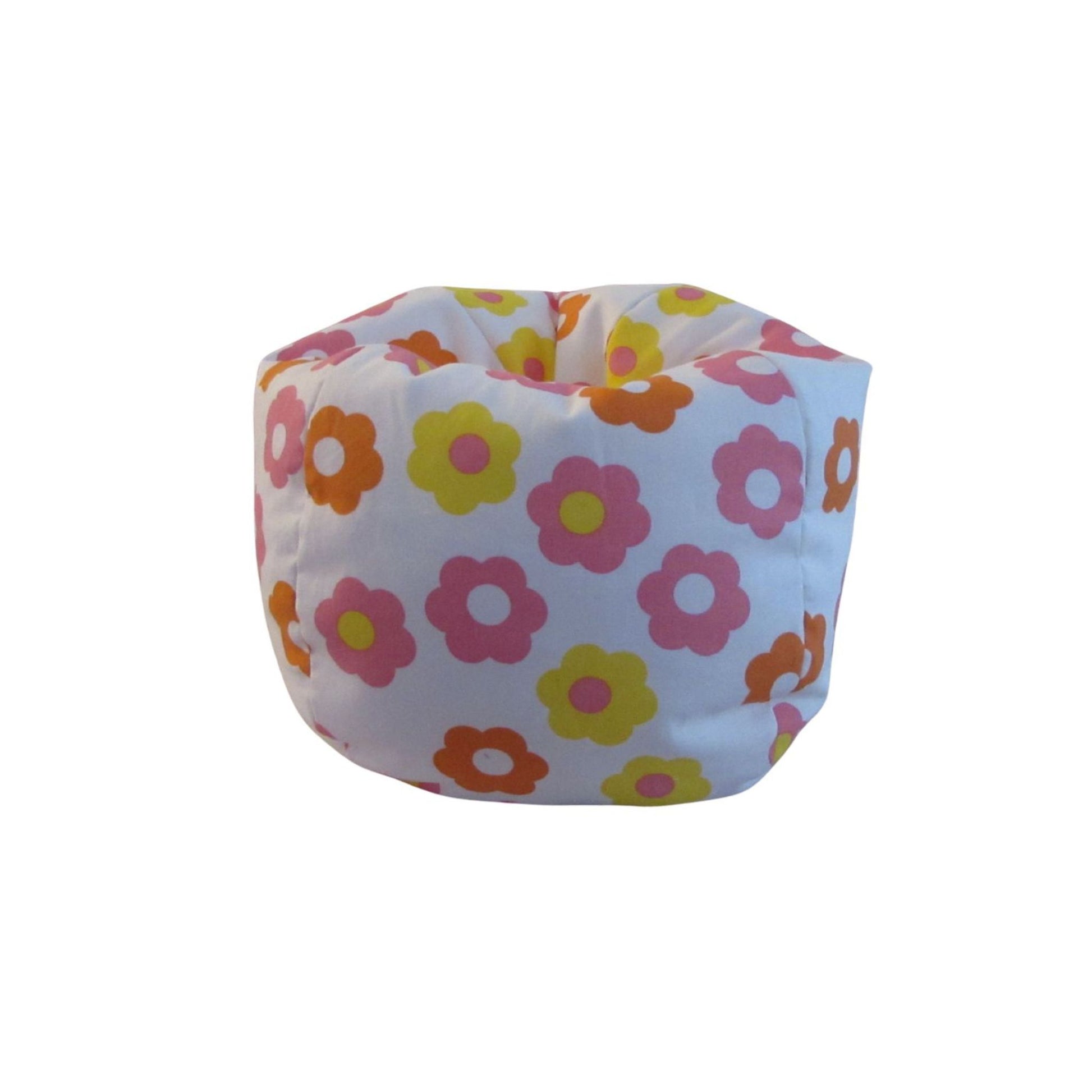 Floral-patterned doll bean bag chair on a white background