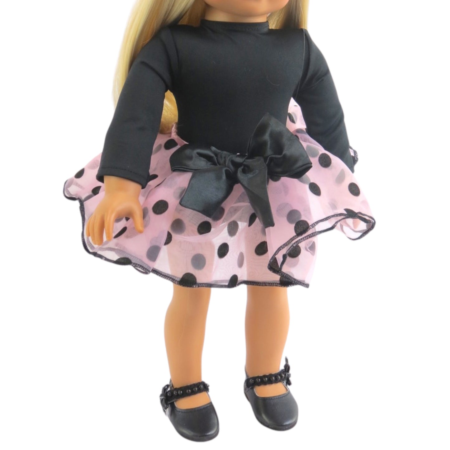 Pink and Black Polka Dot Tutu for 18-inch dolls with doll