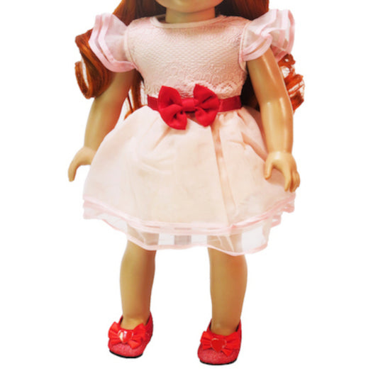 Pink and Peach Dress with Red Bow for 18-inch dolls with doll